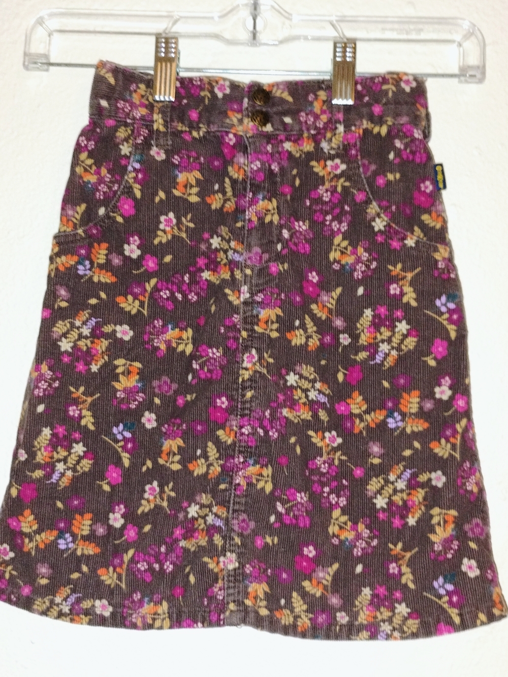 Kids 6 OshKosh Brown Corduroy A-Line Skirt with Pink and Orange Floral Print